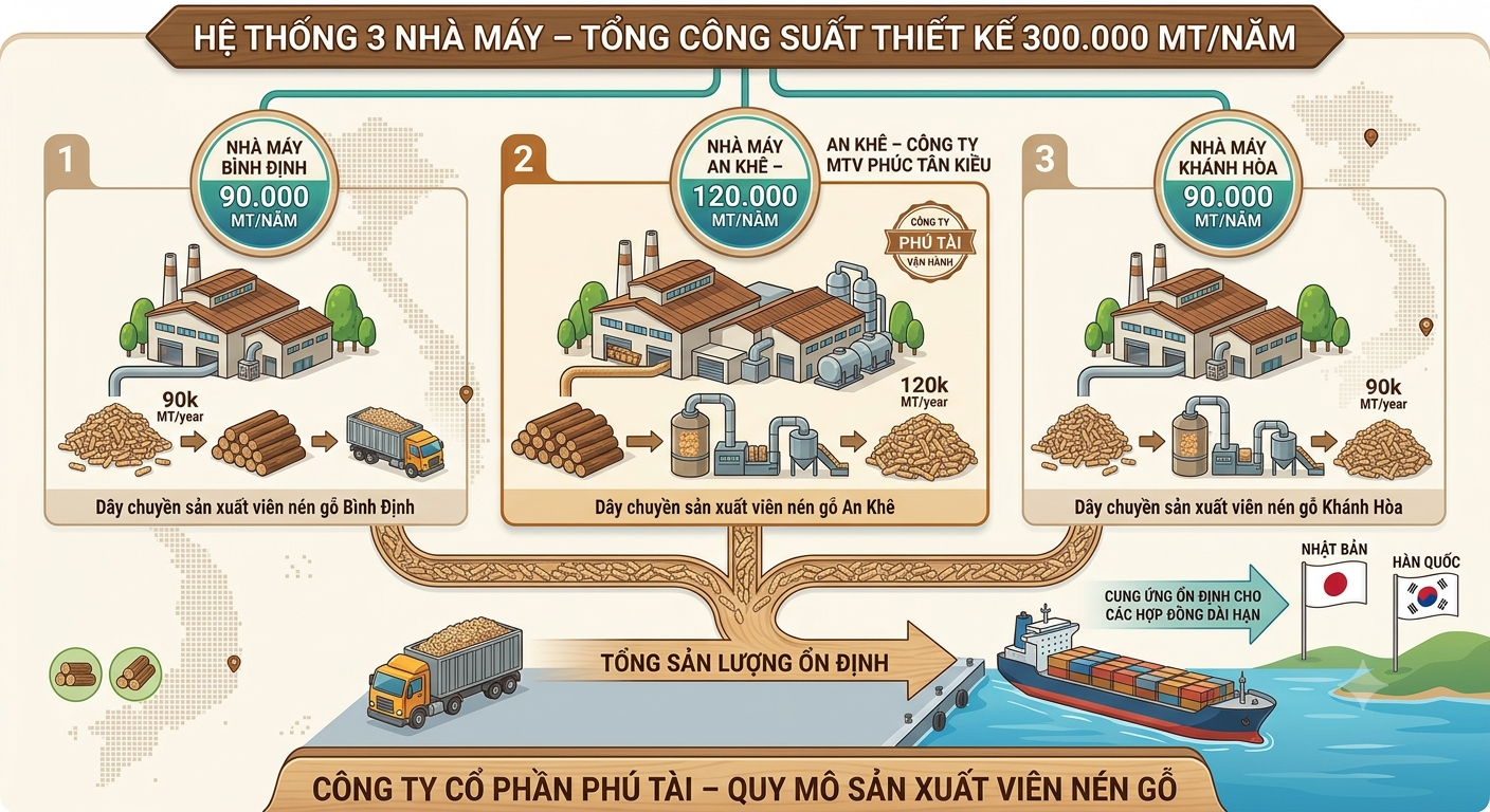 Three-plant system — total designed capacity of 300,000 MT/year